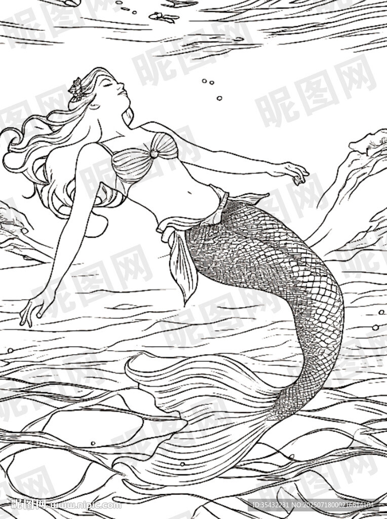 手繪美人魚在水中暢游線稿