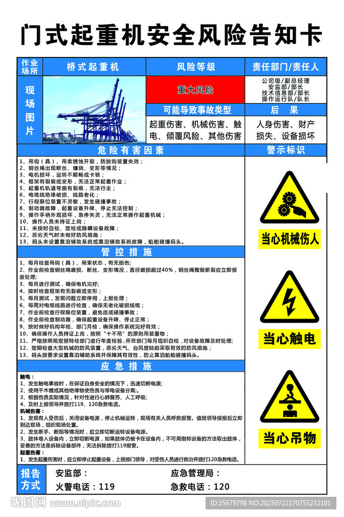 岸橋門式起重機(jī)安全風(fēng)險(xiǎn)告知卡
