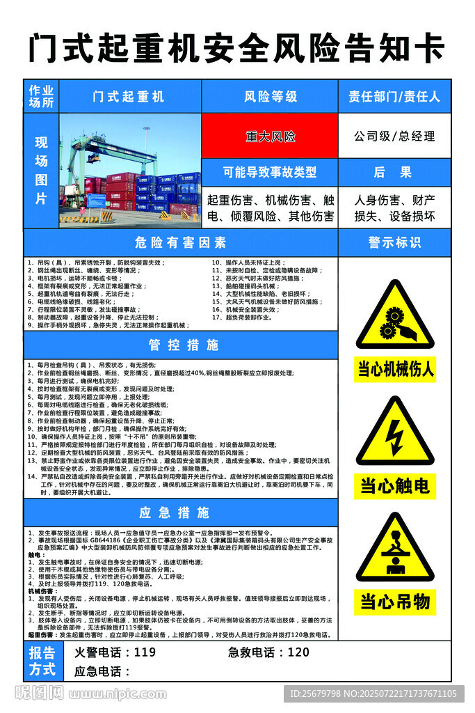 場橋門式起重機安全風險告知卡