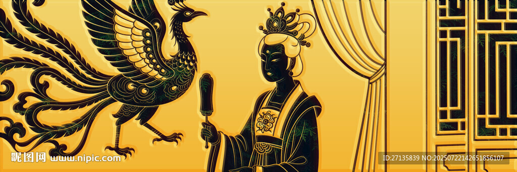 古風(fēng)鳳凰與持杖人物圖景