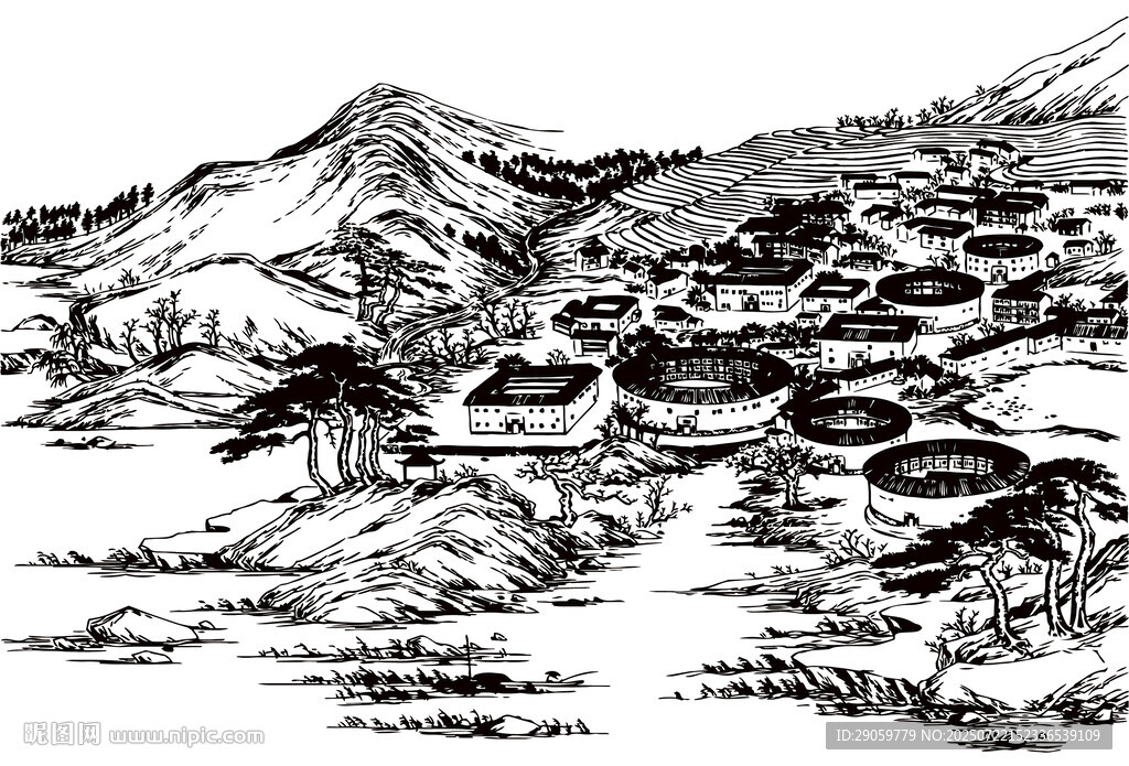 客家土樓線條圖