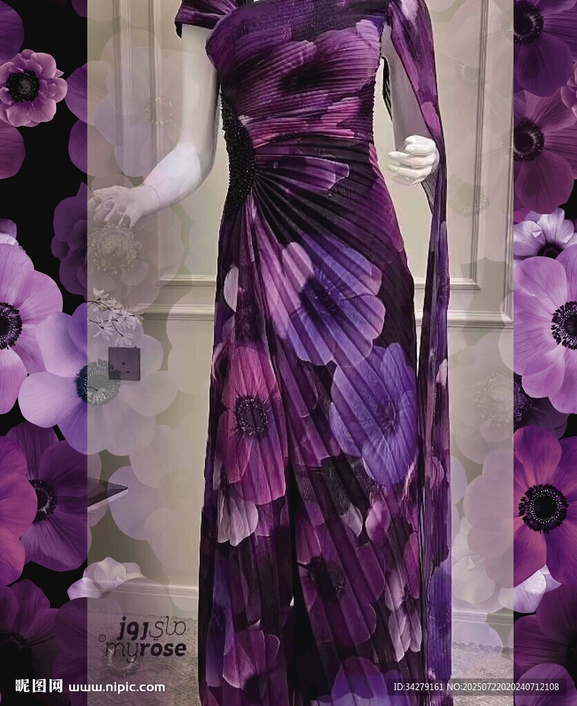 紫色花卉主題優(yōu)雅長裙