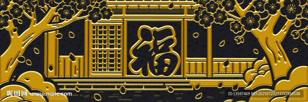 中式古典建筑金色插畫
