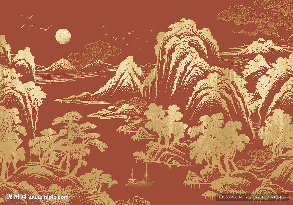 中式金線山水刺繡背景墻