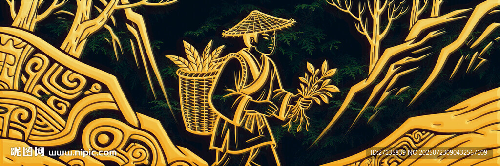 古風(fēng)金色山水人物插畫