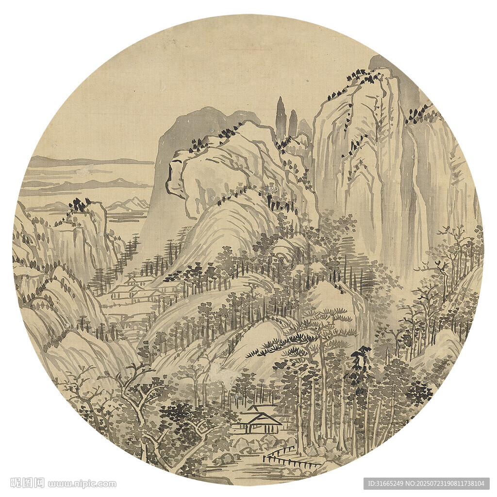 新中式圓形水墨山水裝飾畫