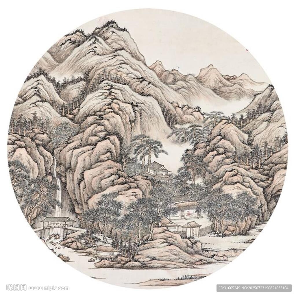 新中式圓形水墨山水