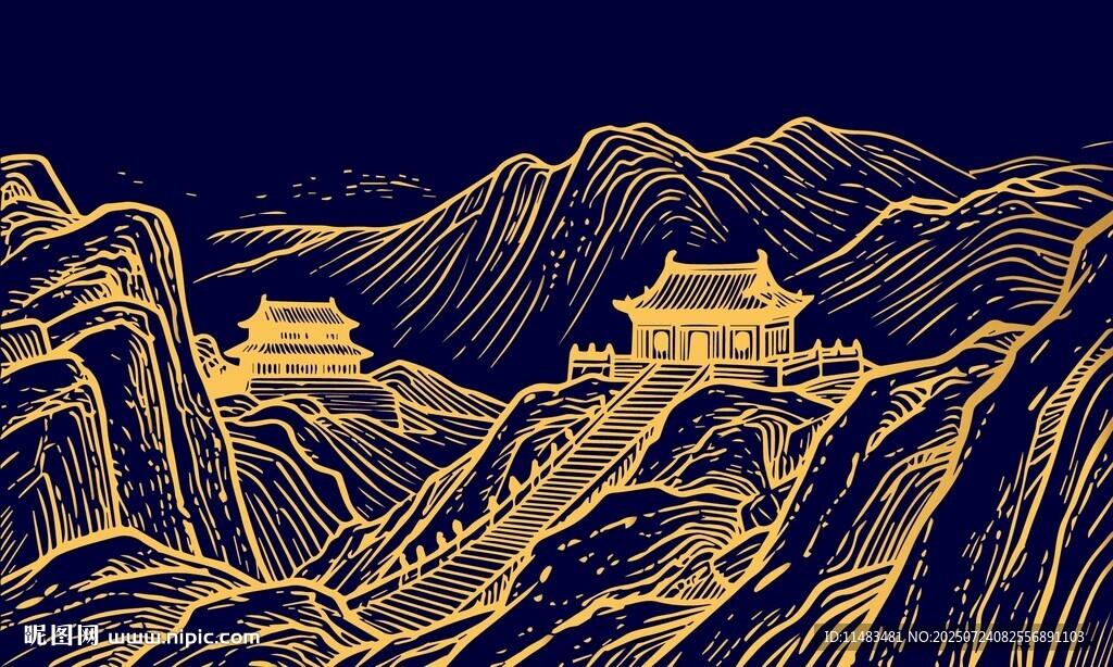 古建筑山川山水畫