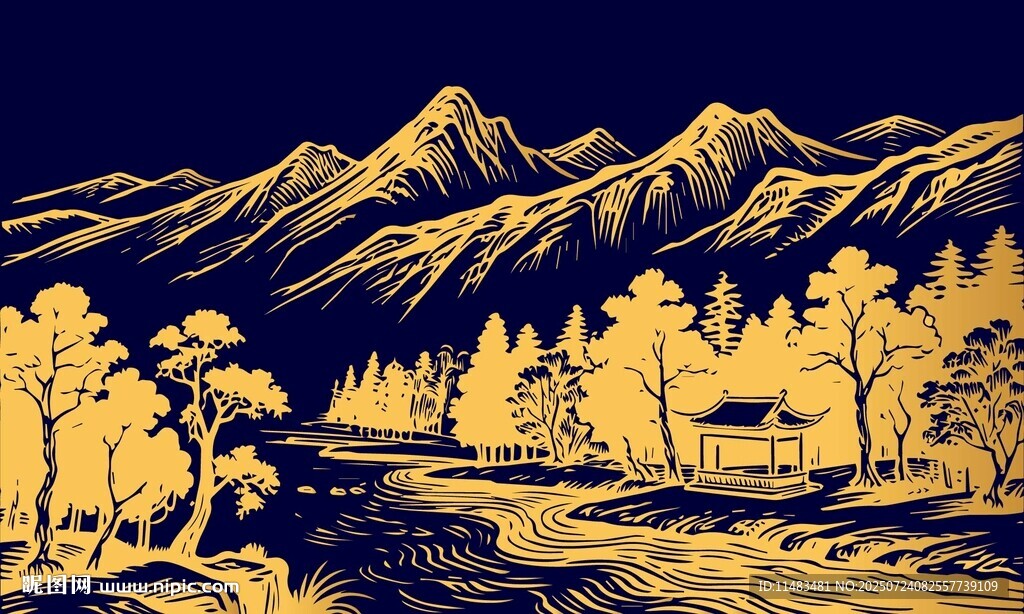 河流山脈涼亭山水畫(huà)