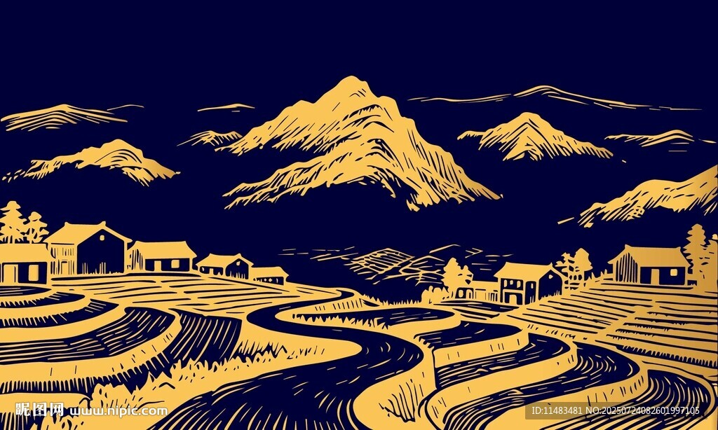 梯田田園風格線描背景