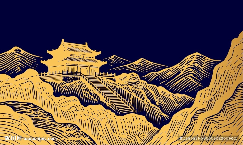 中國(guó)風(fēng)山脈道觀山水畫(huà)