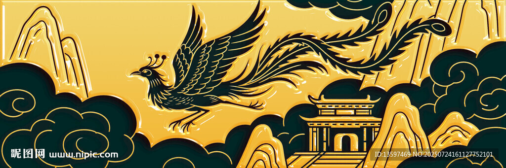 中式古風(fēng)鳳凰建筑插畫