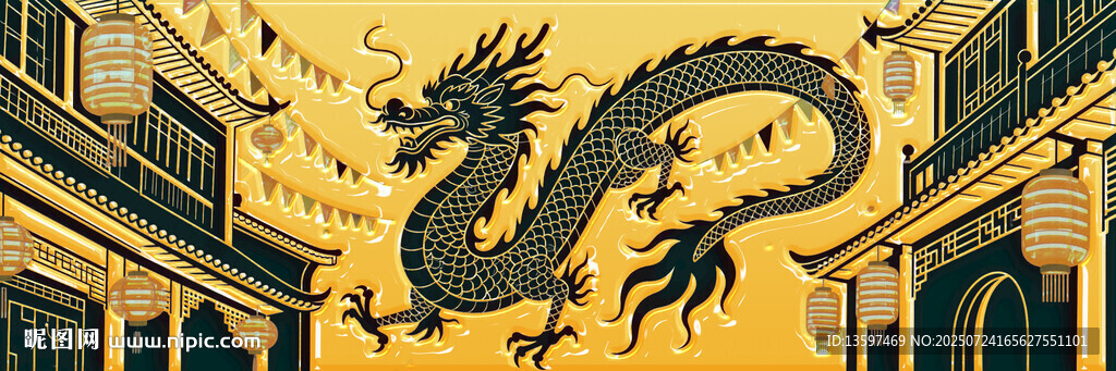 中式古建筑上的金色巨龍