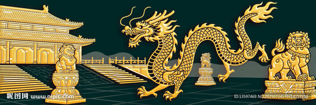 金色祥龍與古代建筑景觀