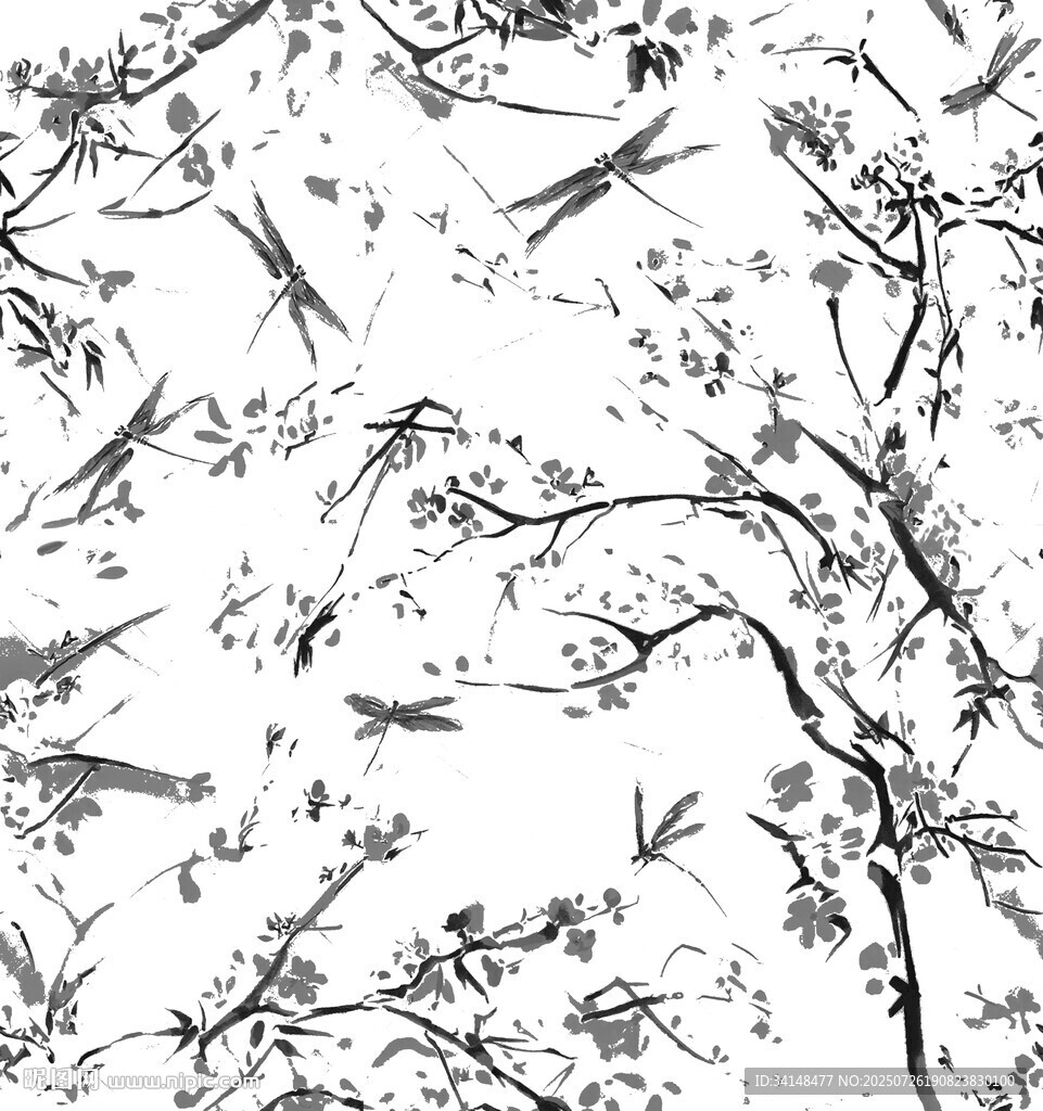 水墨風(fēng)花鳥樹枝圖案