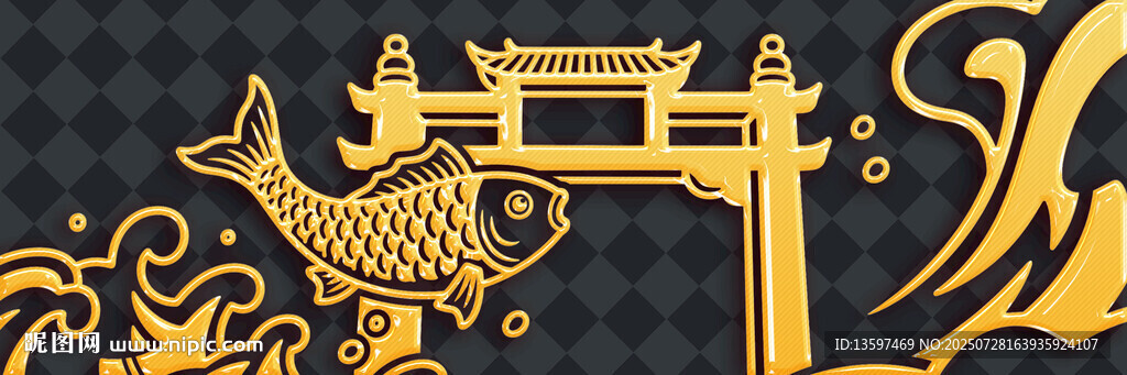 中式古典金鯉魚牌坊圖案