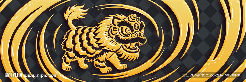 金色舞獅于旋渦圖案中