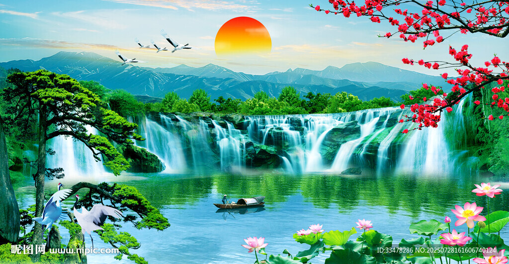 流水生財(cái)瀑布山水風(fēng)景畫