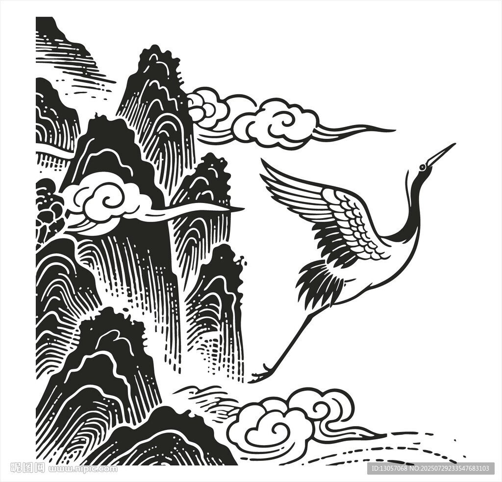 水墨山水間單鶴展翅