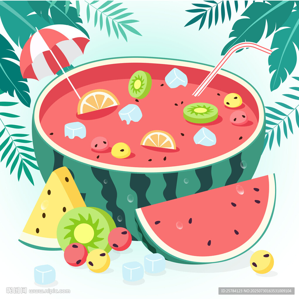 夏季收獲季節(jié)水果拼盤西瓜汁插畫