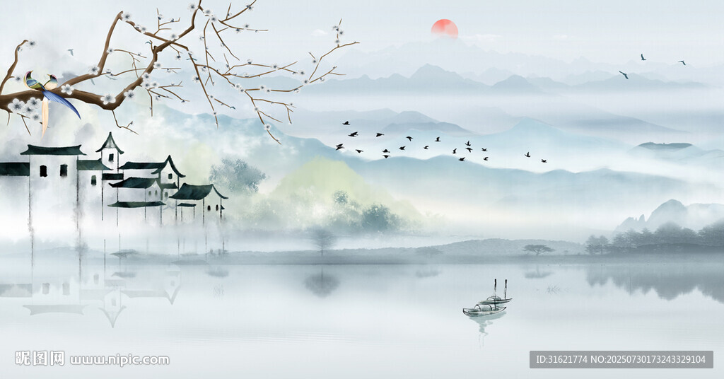 工筆國(guó)畫山水壁畫