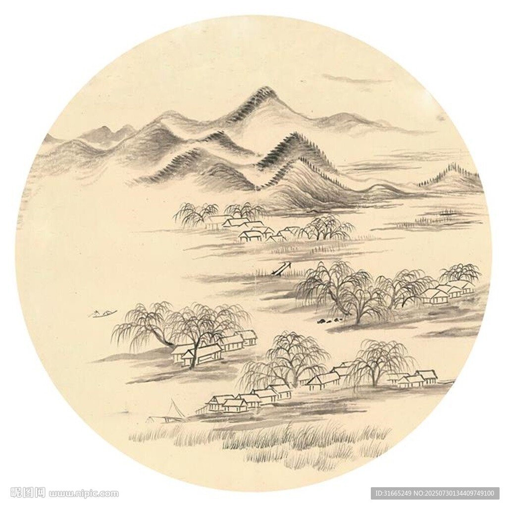新中式水墨山水圓形裝飾畫