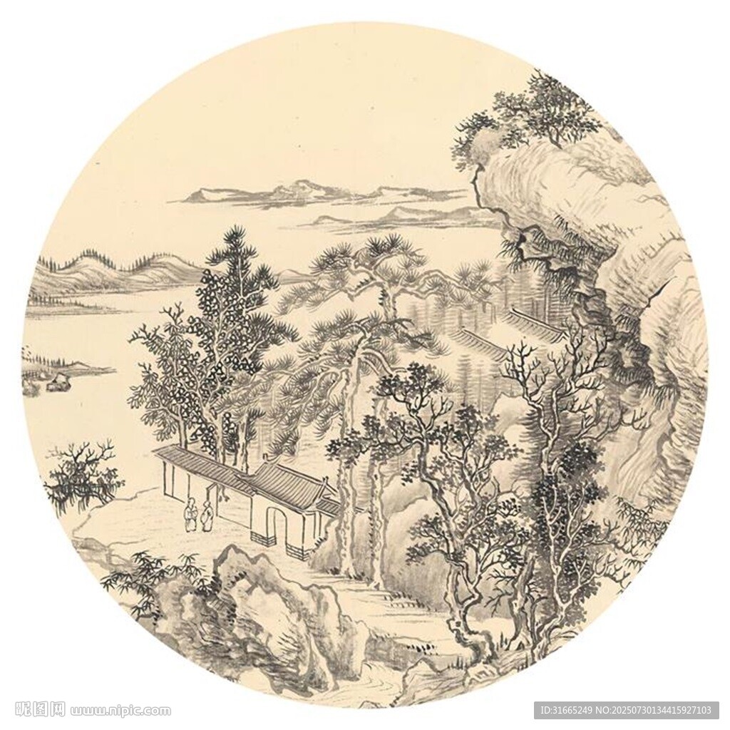 新中式水墨山水圓形裝飾畫