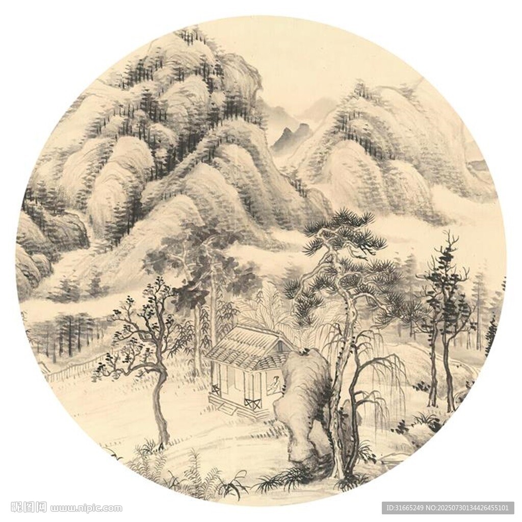 新中式水墨山水圓形裝飾畫