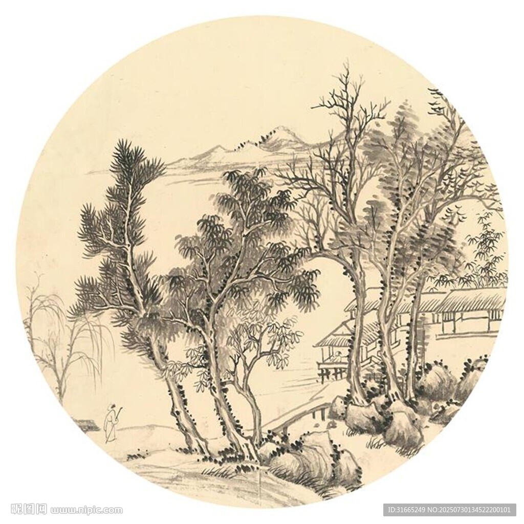 新中式水墨山水圓形裝飾畫
