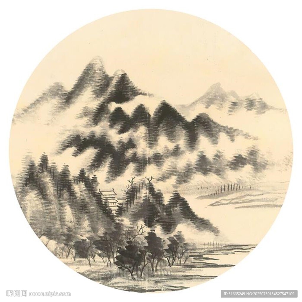 新中式水墨山水圓形裝飾畫