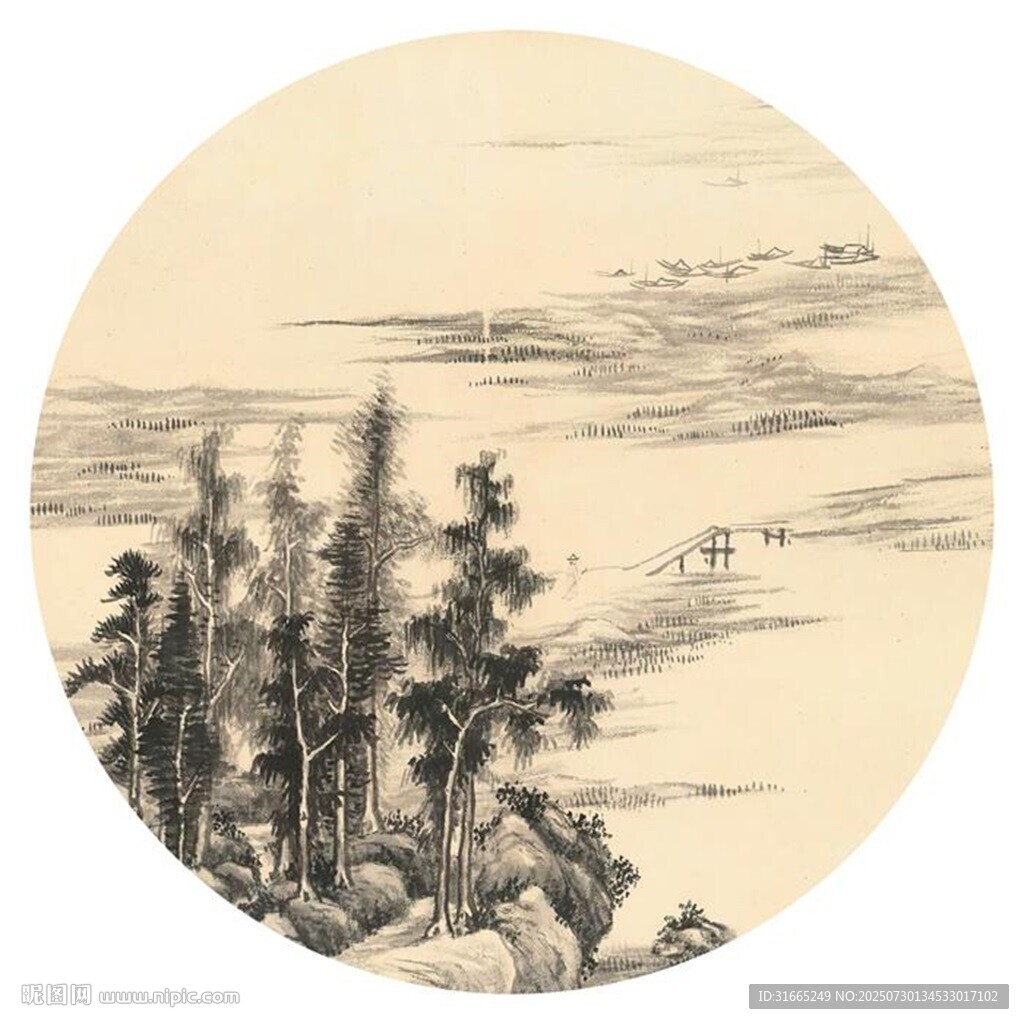 新中式水墨山水圓形裝飾畫