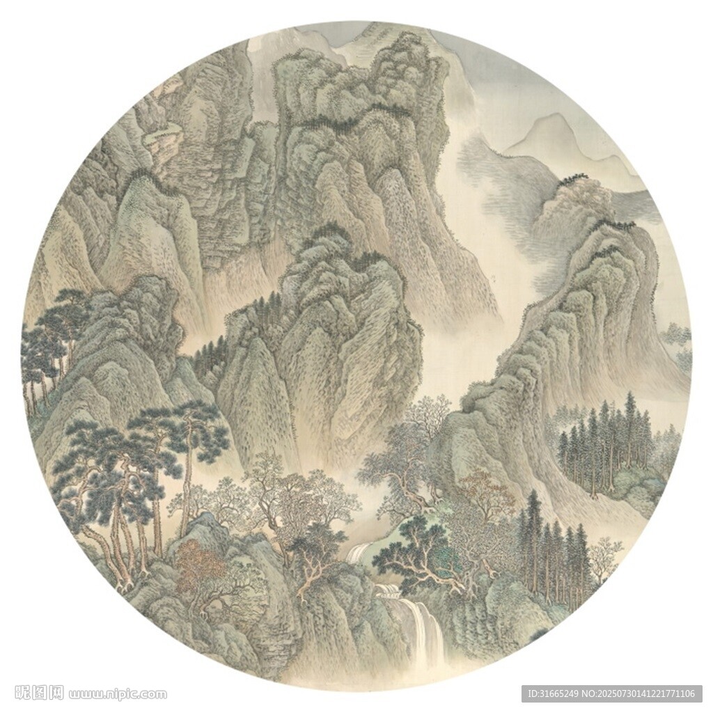 新中式水墨山水圓形裝飾畫(huà)