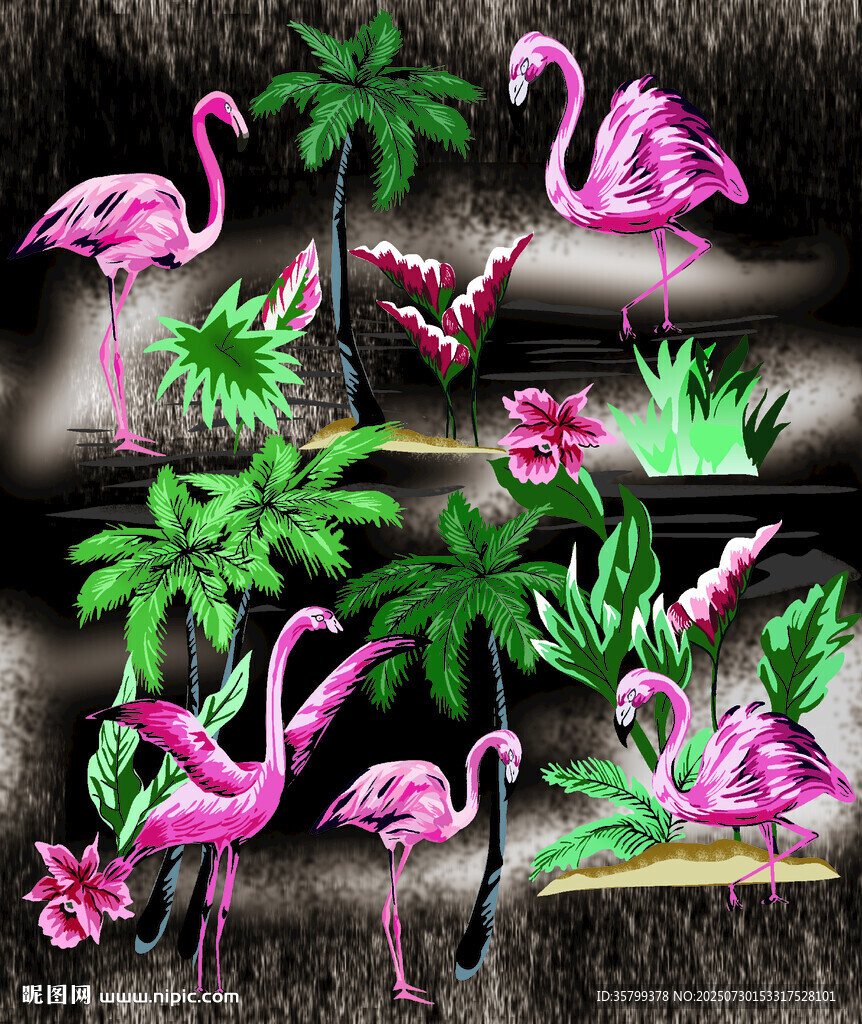 熱帶風情火烈鳥與綠植景觀
