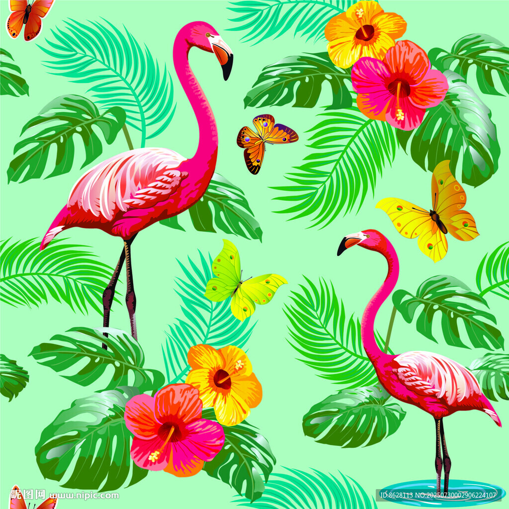 熱帶風(fēng)情火烈鳥(niǎo)花卉圖案四方連圖