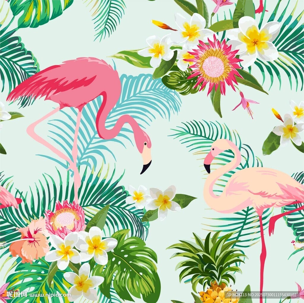 火烈鳥花卉熱帶風圖案四方連續(xù)圖