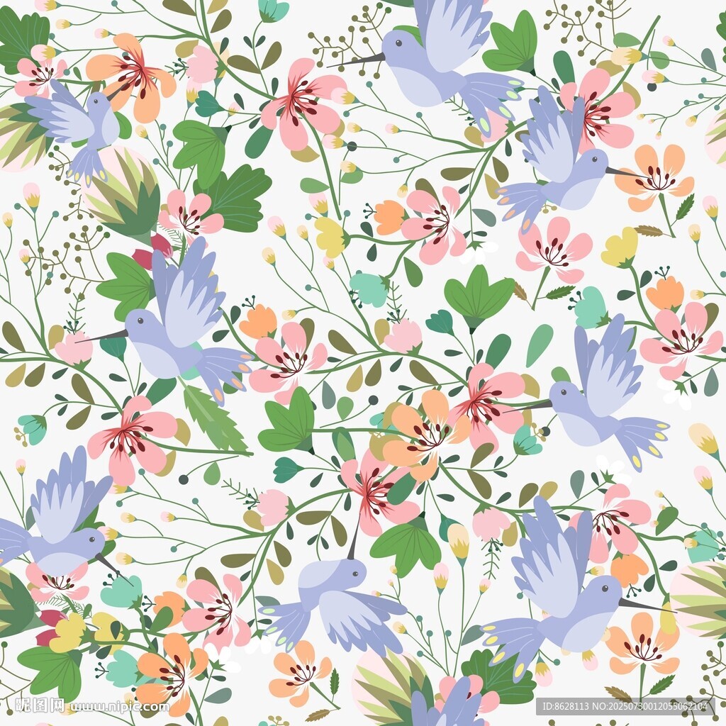 花鳥(niǎo)繽紛圖案數(shù)碼印花四方連續(xù)
