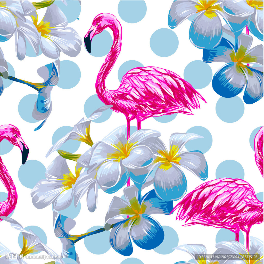 火烈鳥(niǎo)與花卉的清新圖案數(shù)碼印花