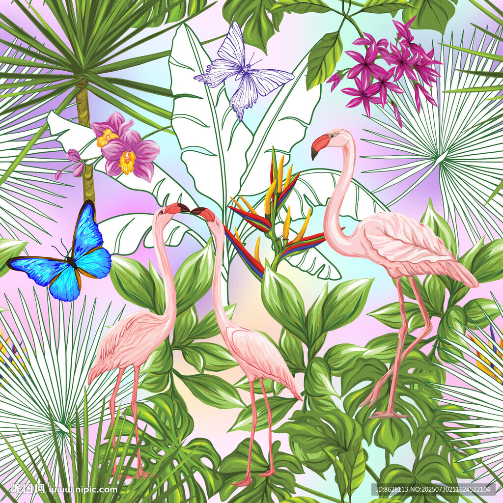 火烈鳥與花卉蝴蝶夢幻圖景數(shù)碼印