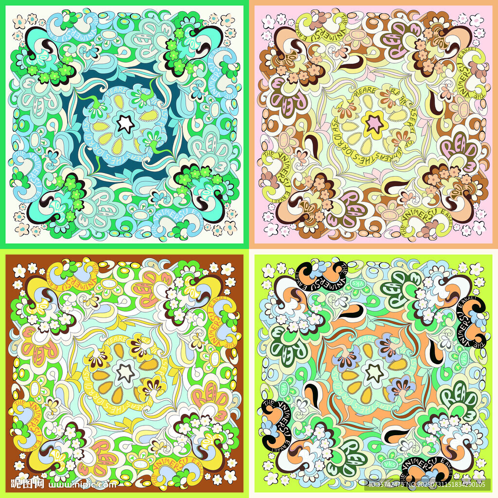 多彩復(fù)古花紋圖案拼方巾