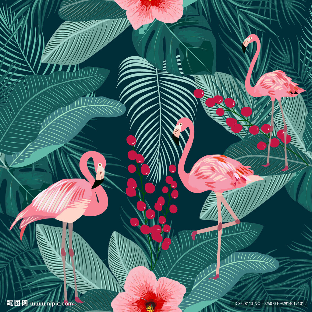 火烈鳥(niǎo)與花卉的熱帶風(fēng)情數(shù)碼印花