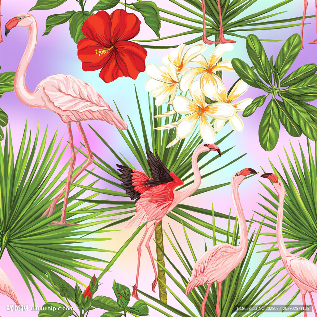 火烈鳥與熱帶花卉圖案 數(shù)碼印花