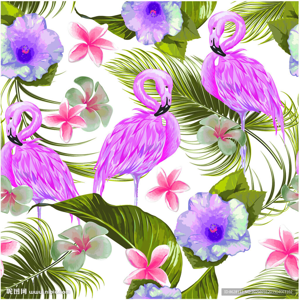 火烈鳥(niǎo)與花卉植物圖案數(shù)碼印花