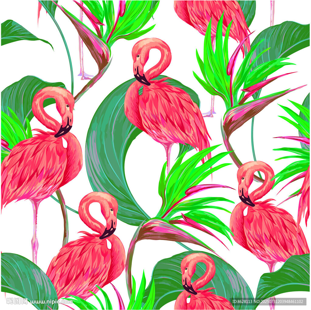 火烈鳥(niǎo)與熱帶植物圖案數(shù)碼印花