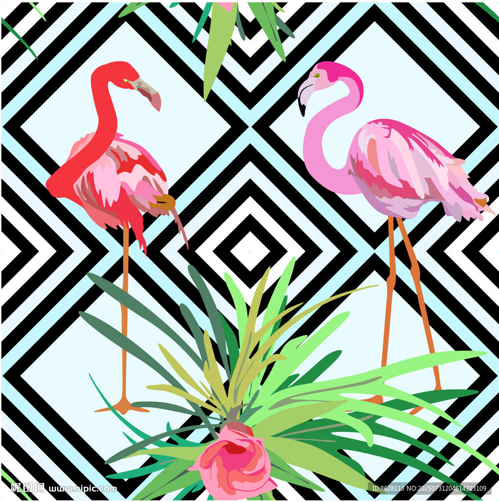 火烈鳥(niǎo)與植物幾何圖案數(shù)碼印花