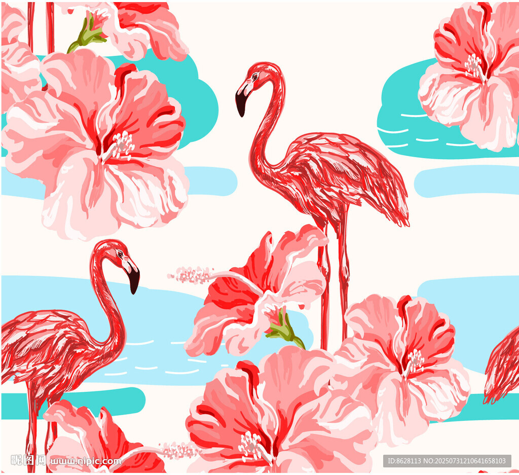火烈鳥(niǎo)與花卉的清新圖案數(shù)碼印花