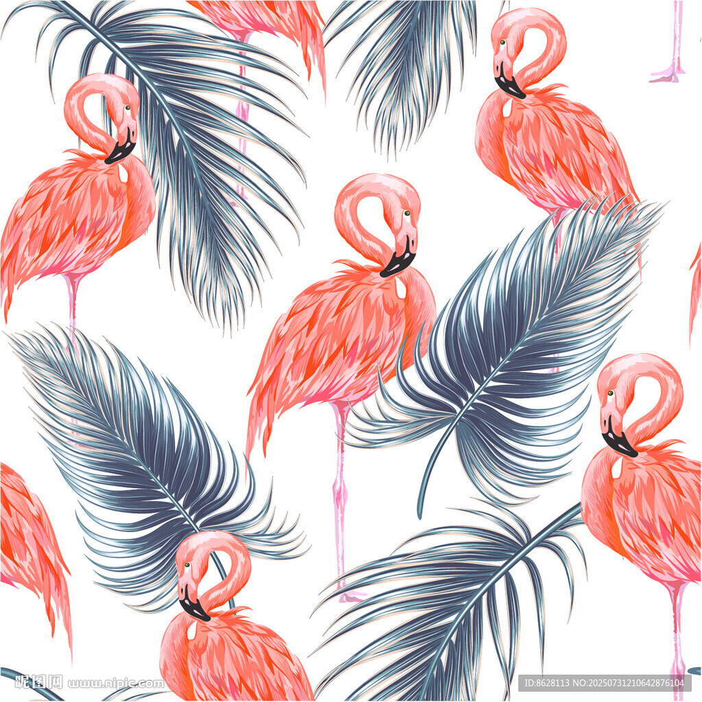火烈鳥與棕櫚葉圖案背景數(shù)碼印花