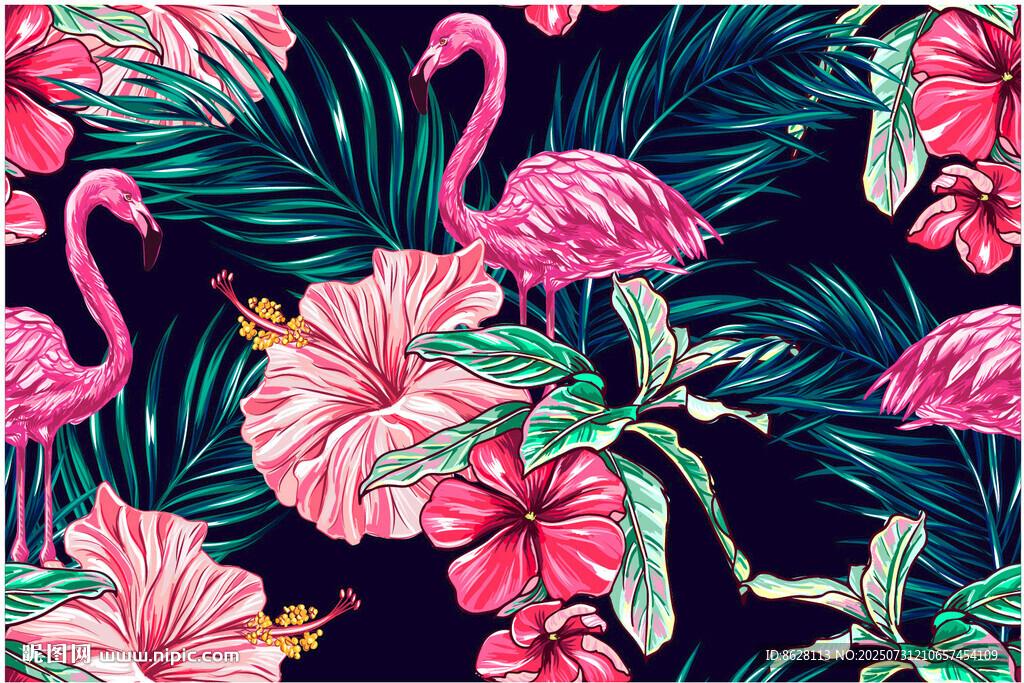 火烈鳥與花卉熱帶風(fēng)圖案數(shù)碼印花