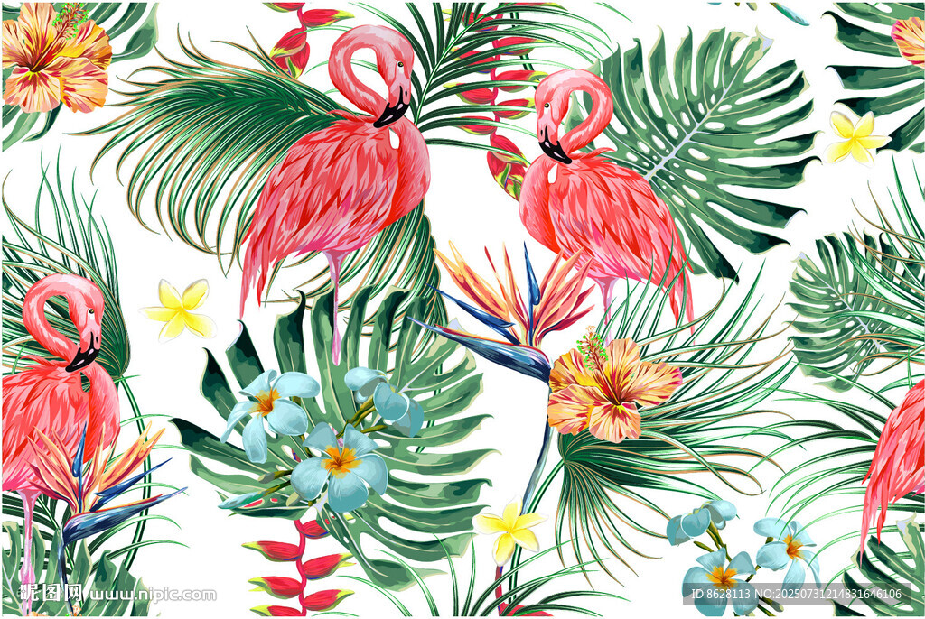 火烈鳥(niǎo)與熱帶植物圖案數(shù)碼印花