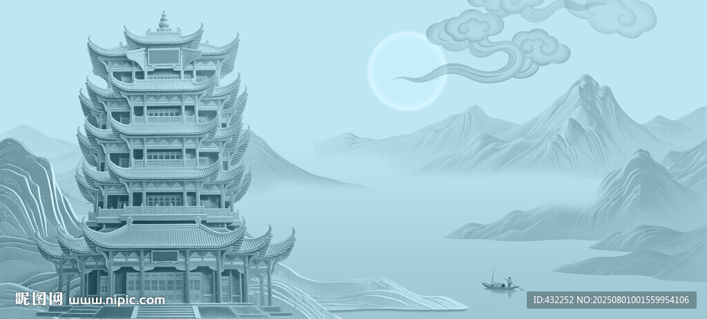 古風(fēng)樓閣山水意境圖