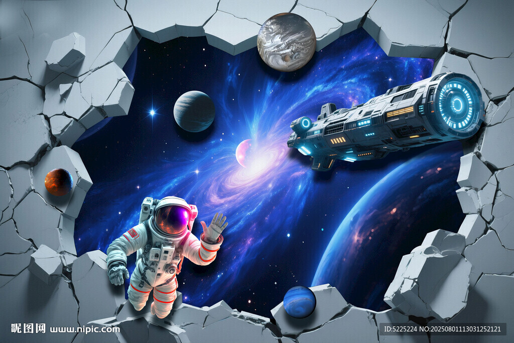3D立體畫宇宙飛船破墻而出